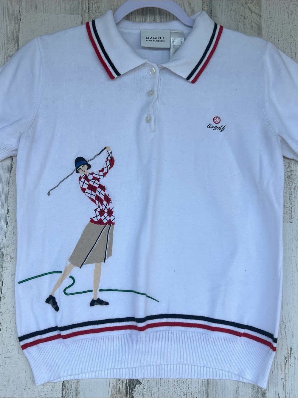 Liz Claiborne‎ Golf Polo Shirt Small Striped Embroidered Cotton Preppy Coastal